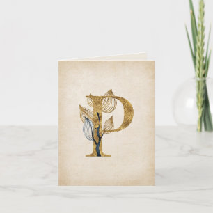 Goud en zwart P Monogram met bladeren Notitiekaartje