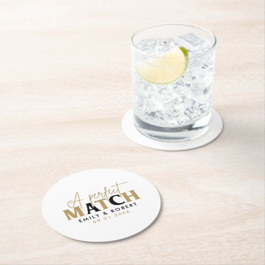 Goud en zwart-Perfect Match Bruiloft Gift Ronde Kartonnen Onderzetter (Insitu)