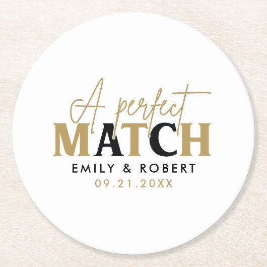 Goud en zwart-Perfect Match Bruiloft Gift Ronde Kartonnen Onderzetter (Voorkant)