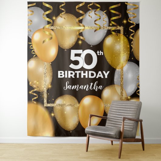 Goud en zwart prachtige verjaardag achtergrond wandkleed (In situ)