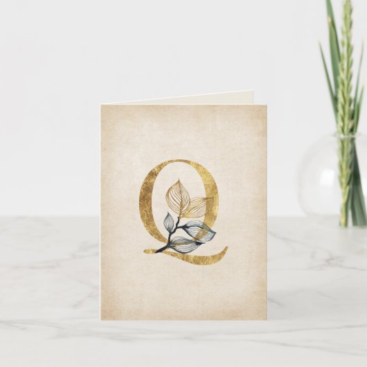 Goud en zwart Q Monogram met bladeren Notitiekaartje (Voorkant)