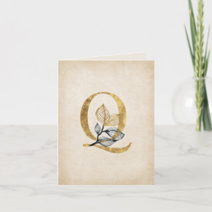 Goud en zwart Q Monogram met bladeren Notitiekaartje