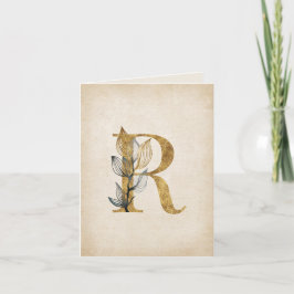 Goud en zwart R Monogram met bladeren Notitiekaartje