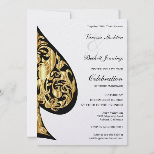 Goud en Zwart Spade Bruiloft Uitnodiging (Voorkant)
