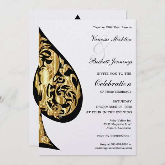 Goud en Zwart Spade Bruiloft Uitnodiging (Voorkant / Achterkant)