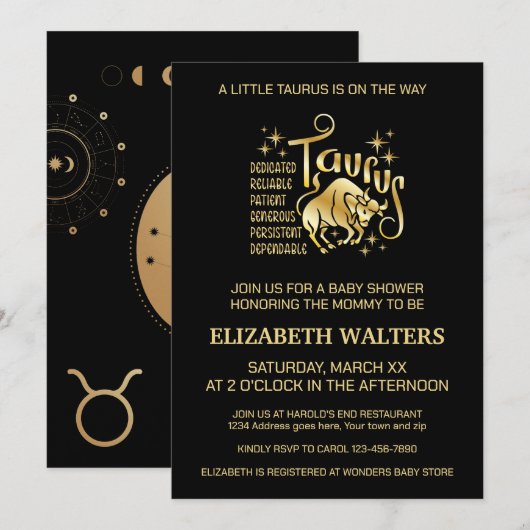 Goud en zwart Taurus Zodiac Baby shower Kaart (Voorkant / Achterkant)