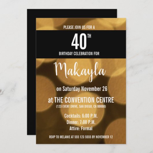 Goud en zwart thema, 40e verjaardag, kaart (Voorkant / Achterkant)