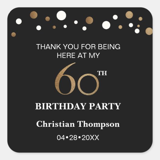 Goud en zwart thema, 60e verjaardag vierkante sticker (Voorkant)