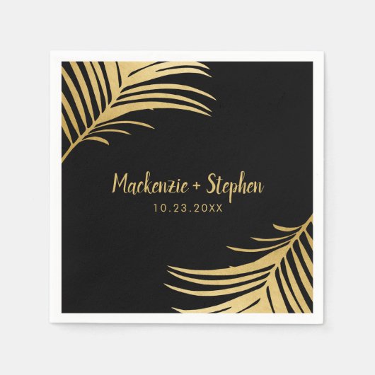 Goud en zwart tropisch palmblad gepersonaliseerd servet (Voorkant)