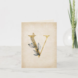 Goud en zwart V Monogram met bladeren Notitiekaartje