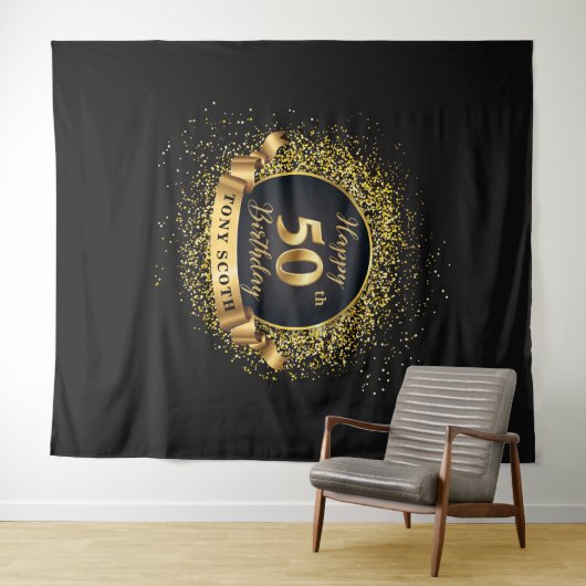 Goud en Zwart Verjaardagsfeestje Tapestry Achtergr Wandkleed (In Situ (horizontaal))