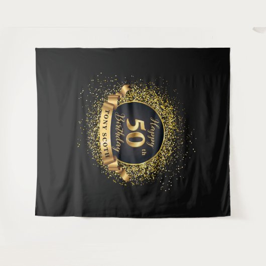 Goud en Zwart Verjaardagsfeestje Tapestry Achtergr Wandkleed (Voorkant (horizontaal))