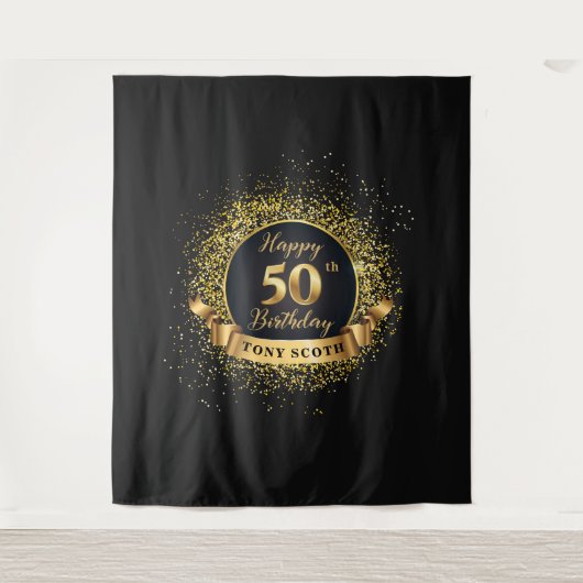 Goud en Zwart Verjaardagsfeestje Tapestry Achtergr Wandkleed (Voorkant)