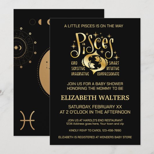 Goud en zwart Vissen Zodiac Baby shower Kaart (Voorkant / Achterkant)
