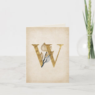 Goud en zwart W Monogram met bladeren Notitiekaartje