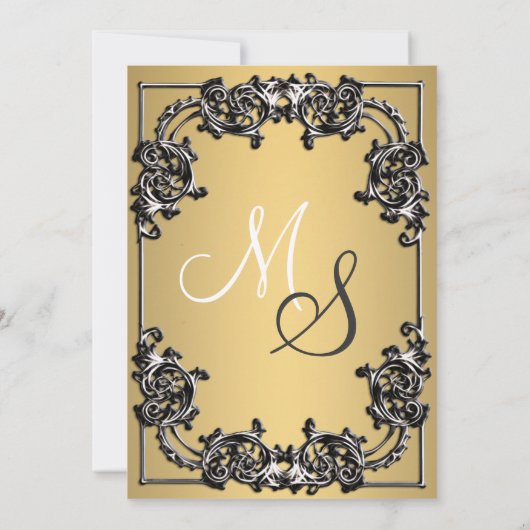 Goud en Zwart wervelmonogram Bruiloft uitnodiging (Achterkant)