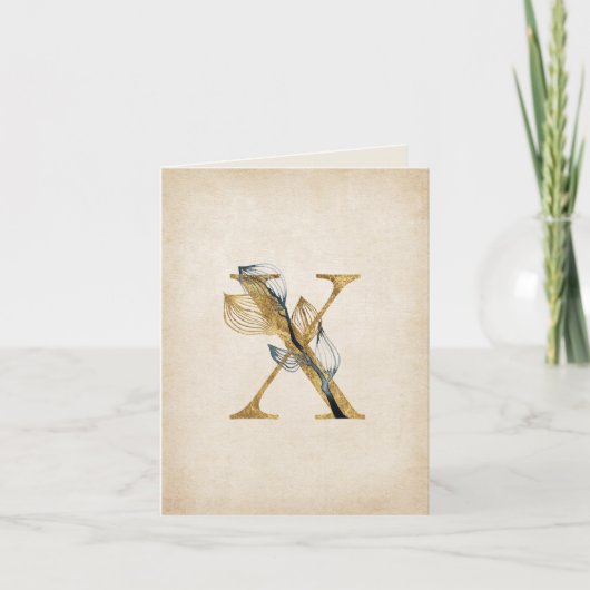 Goud en zwart X Monogram met bladeren Notitiekaartje (Voorkant)