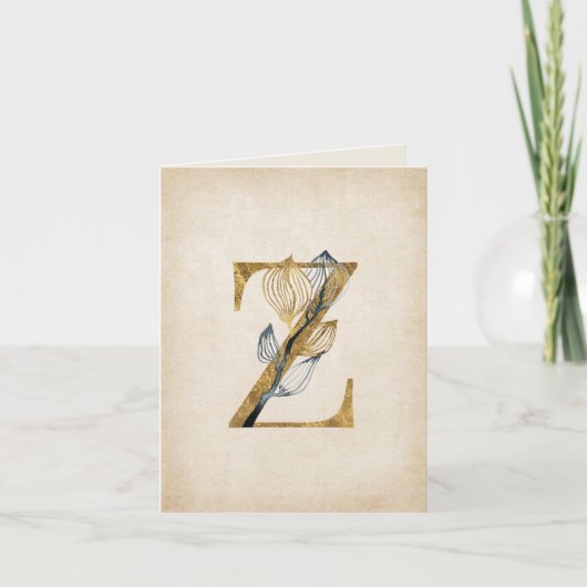 Goud en zwart Z Monogram met bladeren Notitiekaartje (Voorkant)