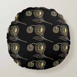 goud en zwart zonnebloemen natuur art Pattern Rond Kussen