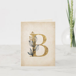Goud en Zwarte B Monogram Met Bladeren Notitiekaartje