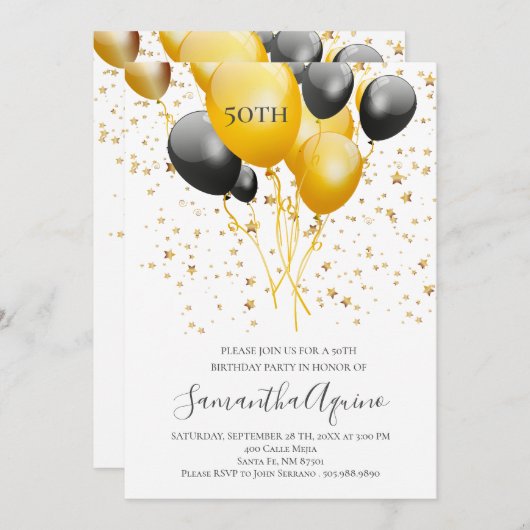 Goud en zwarte ballonnen Stars White 50th Birthday Kaart (Voorkant / Achterkant)