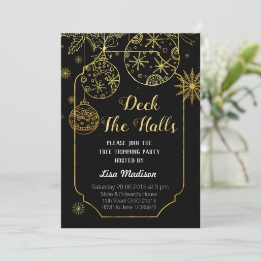 Goud en Zwarte Dek Halls Feest Uitnodiging (Staand voorkant)