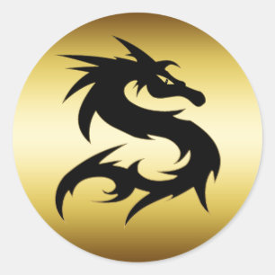 GOUD EN ZWARTE DRAGON RONDE STICKER