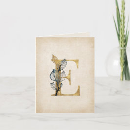 Goud en Zwarte E Monogram Met Bladeren Notitiekaartje