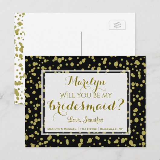 Goud en zwarte glans | Wil je mijn bruidsmeisje zi Uitnodiging Briefkaart (Voorkant / Achterkant)