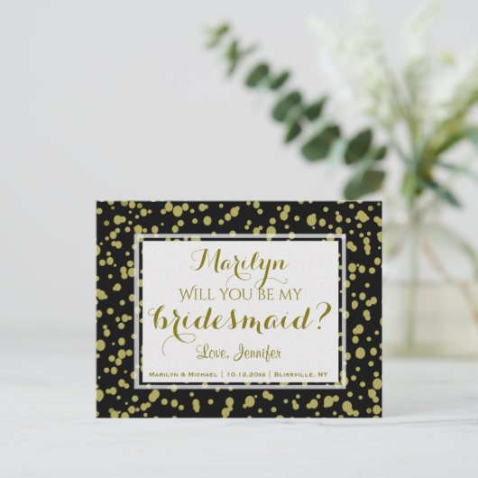 Goud en zwarte glans | Wil je mijn bruidsmeisje zi Uitnodiging Briefkaart (Staand voorkant)