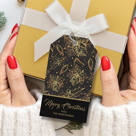Goud en Zwarte Kerst Bloemen Cadeaulabel