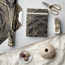 Goud en Zwarte Mandala Kunst Boho Elegante Kerstmi Cadeaupapier