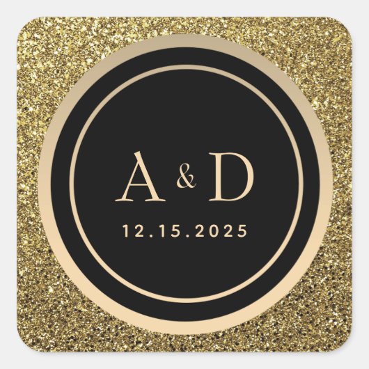 Goud en Zwarte Monogram Bruiloft Vierkante Sticker (Voorkant)