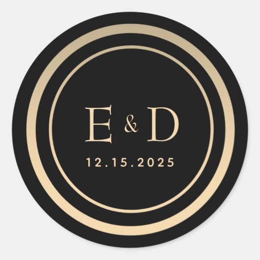 Goud en Zwarte Monogram Trouw Ronde Sticker (Voorkant)