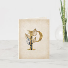 Goud en Zwarte P Monogram Met Bladeren Notitiekaartje
