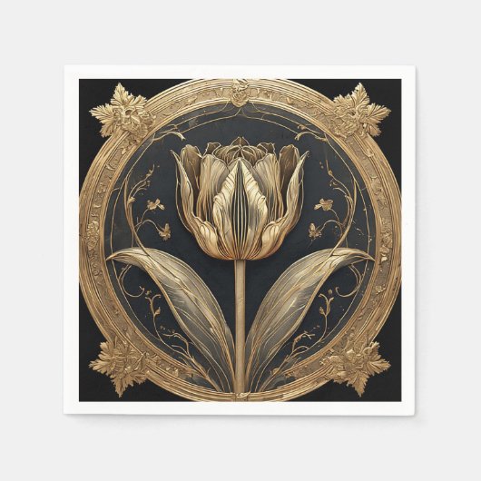 Goud en Zwarte Tulpontwerp Servet (Voorkant)