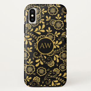 Goud en zwarte Victoriaanse bloemen kant Monogram Case-Mate iPhone Case