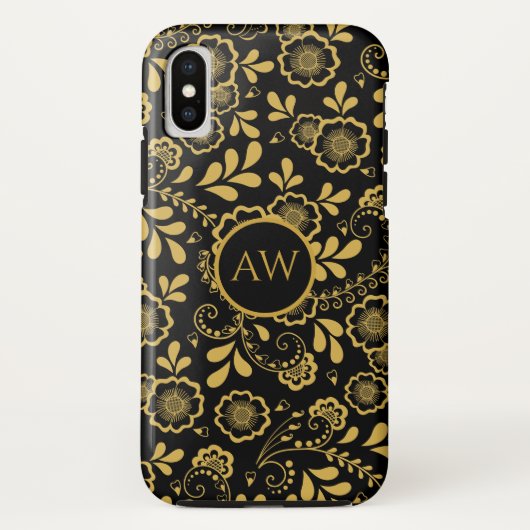 Goud en zwarte Victoriaanse bloemen kant Monogram Case-Mate iPhone Case (Achterkant)