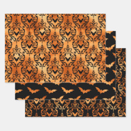 Goud en Zwarte Vleermuis Halloween Damast Inpakpapier Vel
