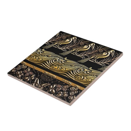 goud en zwarte Vogels vis Vlinder kunstpatroon Tegeltje (Zijkant)