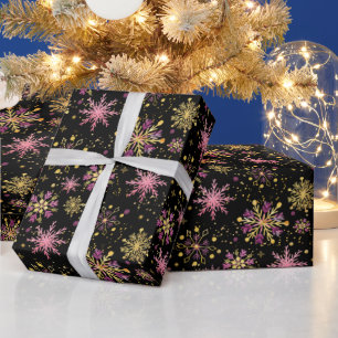 Goud en Zwarte Winter Sneeuwvlokken Patroon Cadeaupapier