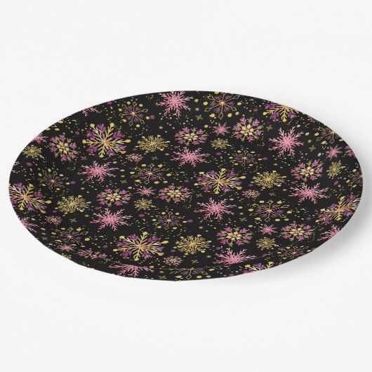 Goud en zwarte wintersneeuwvlokken papieren bordje (Gekanteld)