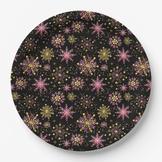 Goud en zwarte wintersneeuwvlokken papieren bordje (Voorkant)