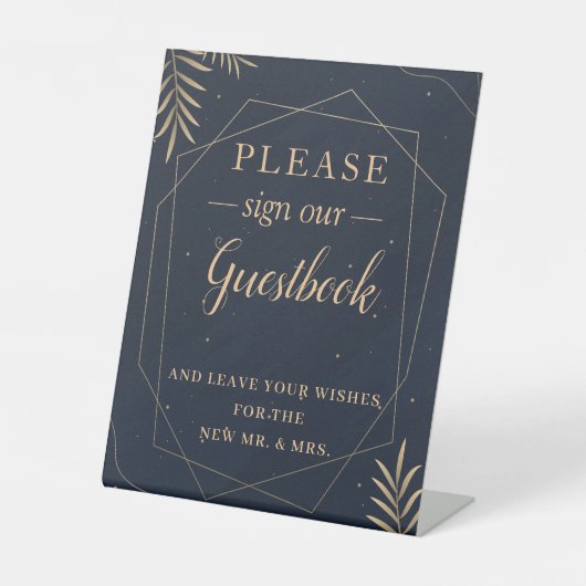 Goud Eucalyptus Geometric Wedding Guestbook Reclamebord Met Voetstuk (Voorkant)