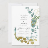 Goud Eucalyptus groen nieuwe datum bruiloft Kaart (Voorkant)