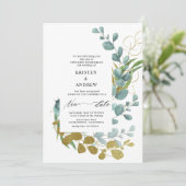 Goud Eucalyptus groen nieuwe datum bruiloft Kaart (Staand voorkant)