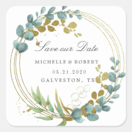 goud eucalyptus groen Save The Date Square Vierkante Sticker