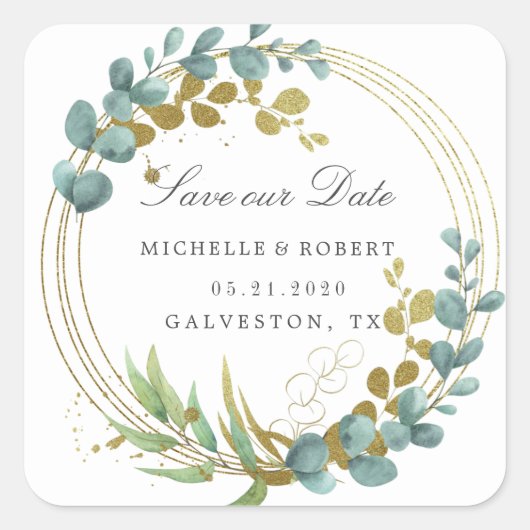 goud eucalyptus groen Save The Date Square Vierkante Sticker (Voorkant)
