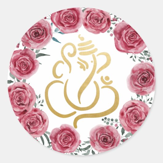 Goud Festieve Ganesh| Indiase God Rode Rozen Krans Ronde Sticker (Voorkant)