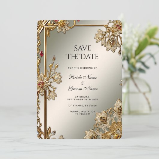 Goud  Floral Lijst Bewaar de datum Save The Date (Staand voorkant)